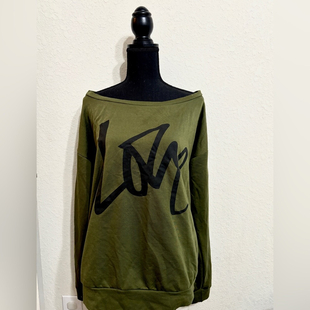 Olive Green Off-Shoulder Top with Black Graphic
